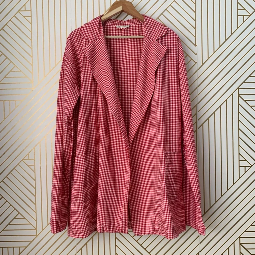Erica Tanov cotton gingham open front long line blazer jacket Lagenlook boho S